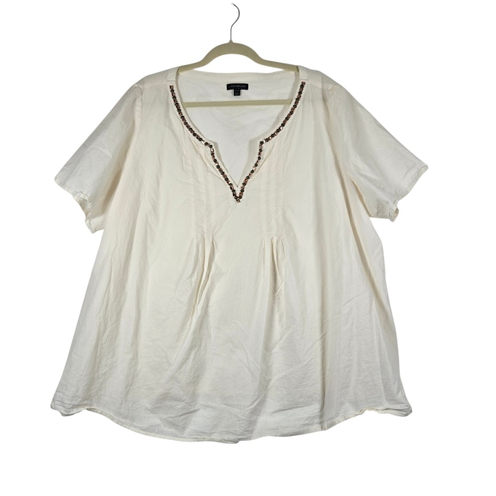 Lane Bryant Blouse Womens Plus 26/28W Ivory Embellished V Neck Short Sleeve